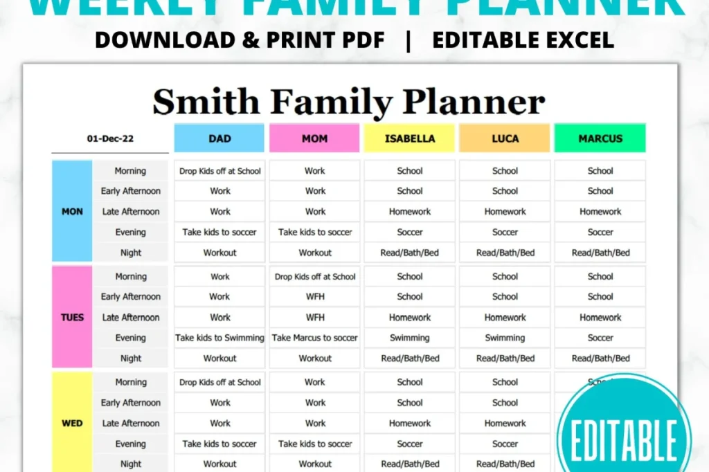 A printable, color-coded weekly family planner chart showing morning, afternoon, and evening schedules for multiple family members.