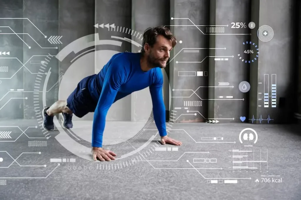 A man doing pushups on a gym floor, surrounded by overlaid futuristic digital graphics tracking his heart rate, calories burned, and fitness statistics.