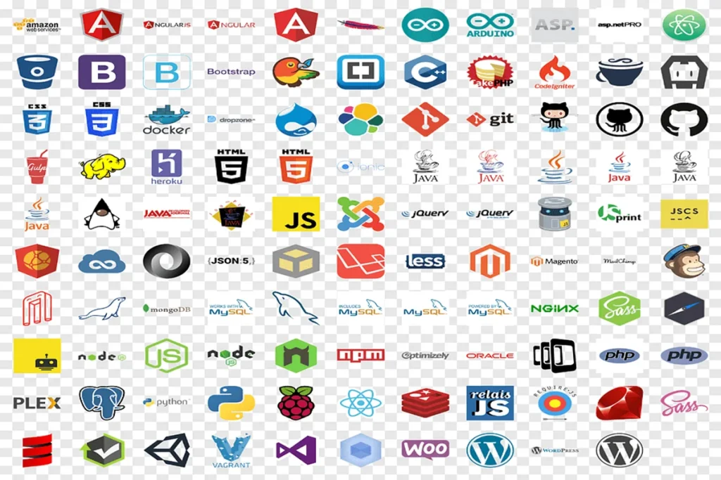 A large, dense grid displaying dozens of popular software development, programming language, and technology logos on a transparent checkered background. Recognizable icons include HTML5, CSS3, JavaScript, Java, Python, React, Node.js, Git, Docker, and WordPress, among many others.