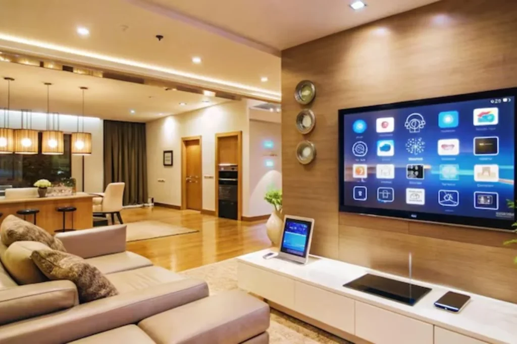 A modern, open-concept living room with hardwood floors and a large flat-screen smart TV displaying an app menu on a wood-paneled wall.