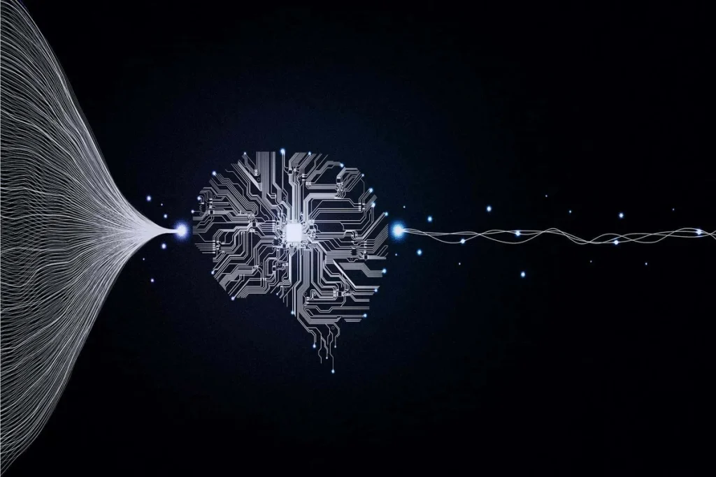 A digital illustration of a human brain composed of silver circuit board patterns on a black background. Bright lines of data flow into the left to Write Prompts for ChatGPTside of the brain, while a single wavy data stream exits the right side.