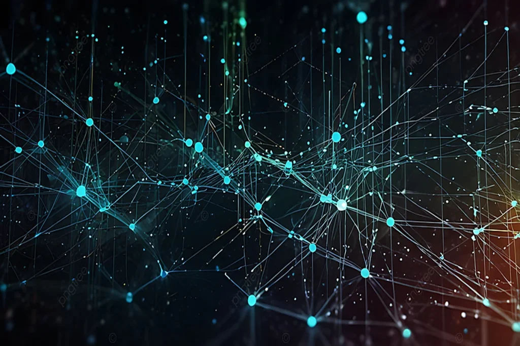 An abstract digital rendering of a network, featuring glowing cyan nodes connected by a complex web of thin, luminous intersecting lines to Write Prompts for ChatGPT against a dark background.