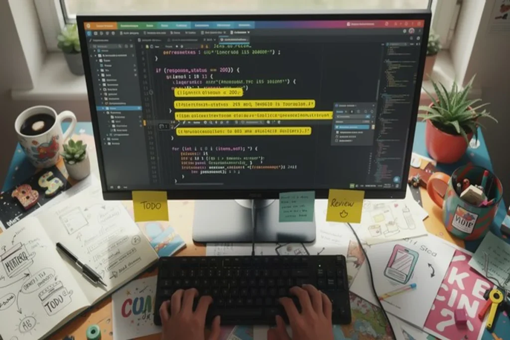 A top-down view of a cluttered desk where a person is typing on a keyboard. The monitor displays code with highlighted sections, and the desk is scattered with sticky notes, an open notebook, pens, and coffee mugs.