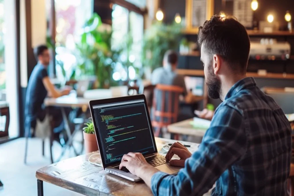 A bearded man sitting at a wooden cafe table, focused on writing code on his laptop, with a brightly lit, blurred coffee shop environment and other patrons in the background.
