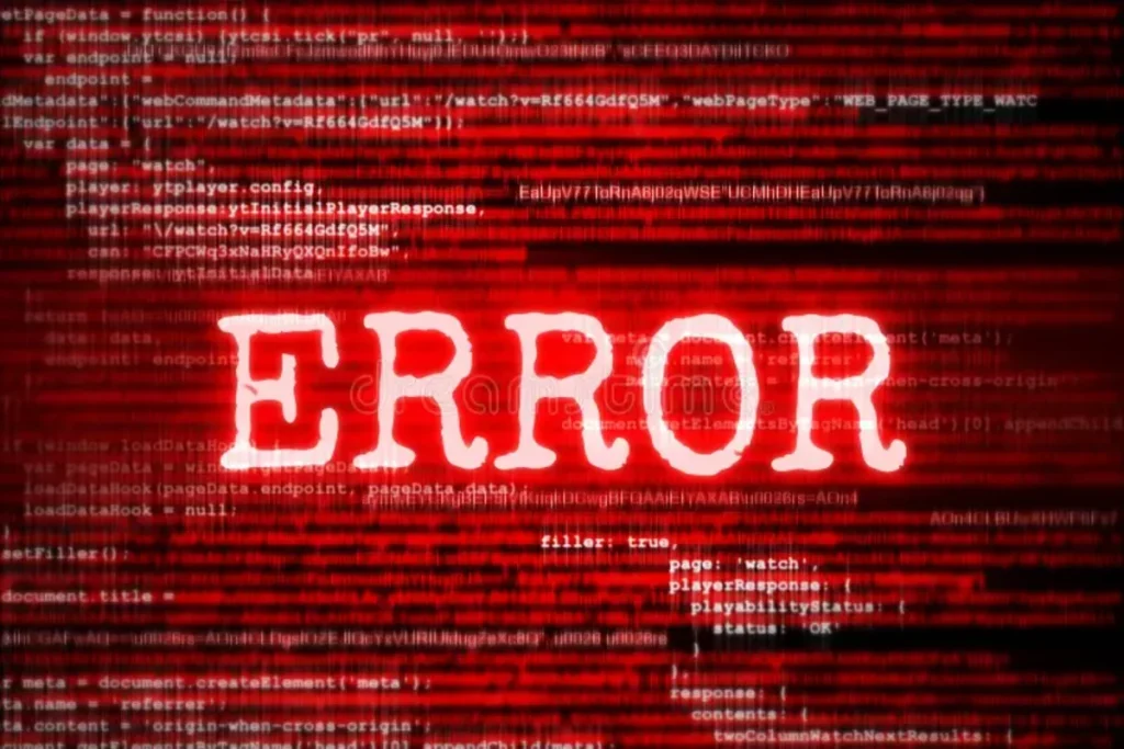 A digital screen displaying lines of computer code with a stark red overlay, prominently featuring the word "ERROR" in a glowing, distressed white font.