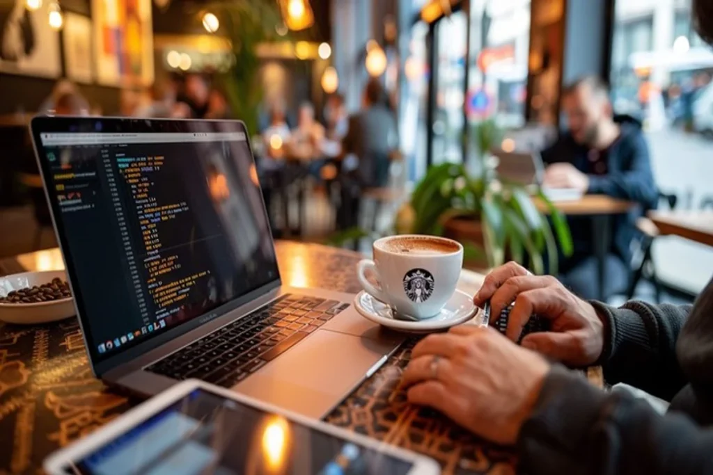 A close-up of a person's hands typing code on a laptop at a cafe table, with a cup of coffee resting beside the computer and blurred patrons in the background.