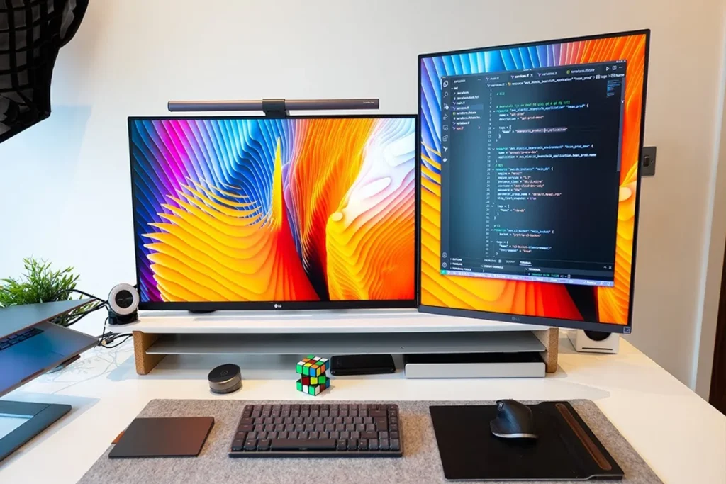 A dual-monitor workstation on a white desk. The horizontal left monitor displays a vibrant abstract wallpaper, while the vertical right monitor shows lines of code. The desk includes a Rubik's cube, a mechanical keyboard, and an ergonomic mouse on a gray mat.