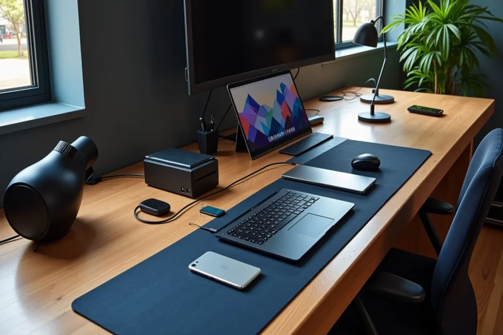 A modern, clean desk setup featuring a large dark monitor, a laptop resting on a stand, a minimalist black keyboard and mouse on a desk mat, a smartphone, a speaker, and a potted plant near a window.