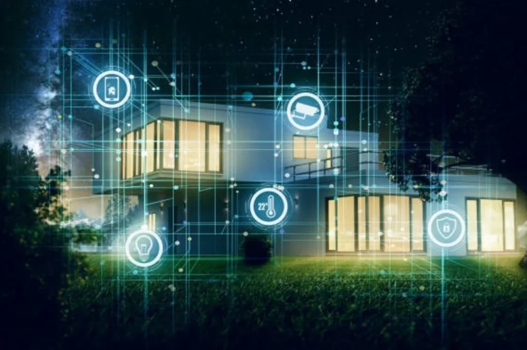 An exterior view of a modern, illuminated two-story house at night, overlaid with glowing digital icons representing smart home security, temperature, and lighting controls.