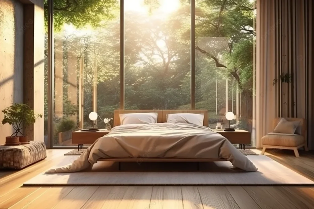 A modern, sunlit bedroom with a low-profile bed and large floor-to-ceiling windows looking out into a lush green forest.