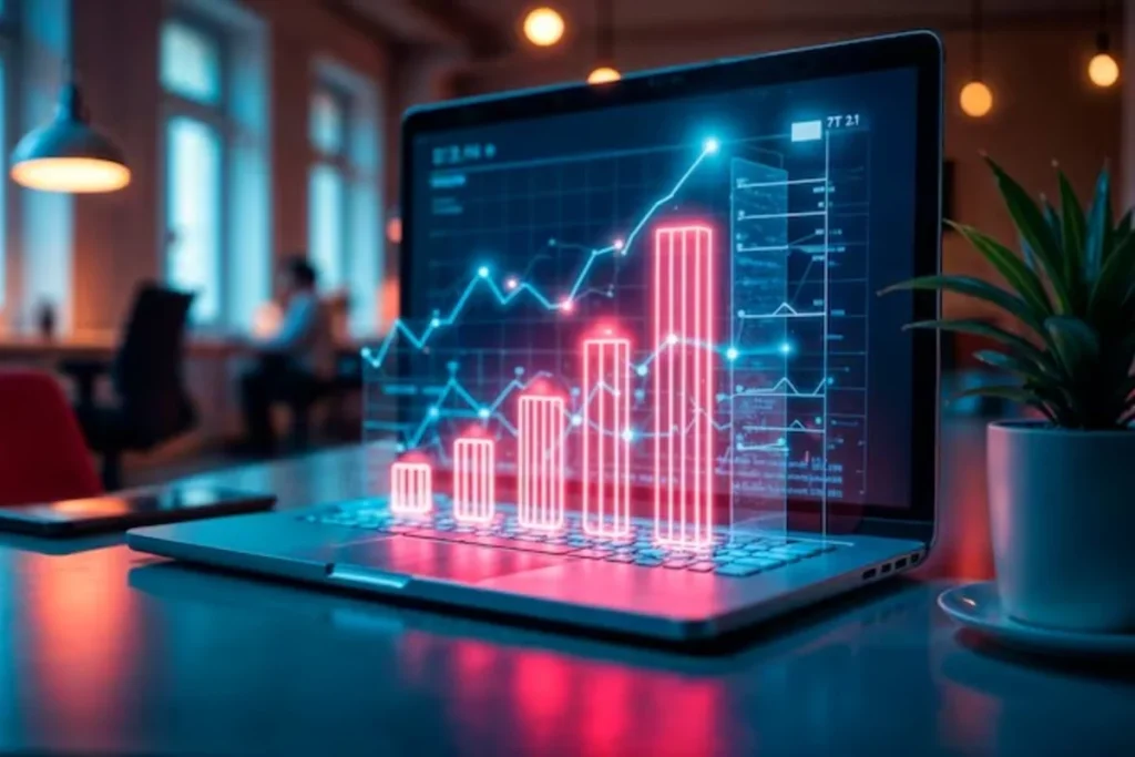 A laptop on a desk displaying glowing neon red bar charts and blue line graphs, representing financial data and analytics.