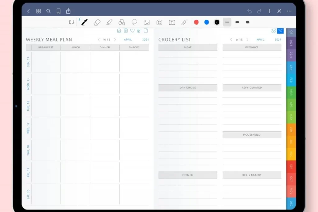 A digital tablet screen showing a blank, organized weekly meal plan and categorized grocery list template.