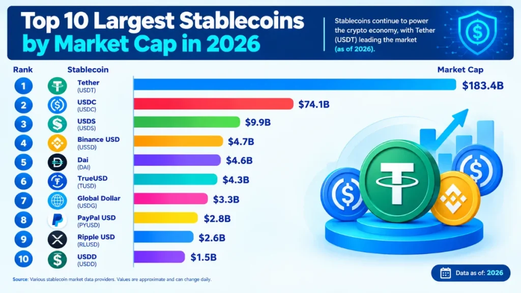 Top 10 largest stablecoins by market cap in 2026, led by Tether (USDT).