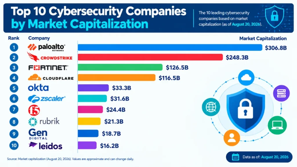 Bar chart comparing market capitalization of 10 cybersecurity companies in August 2026