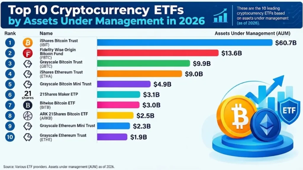 Chart showing the top 10 cryptocurrency ETFs ranked by assets under management in September 2026